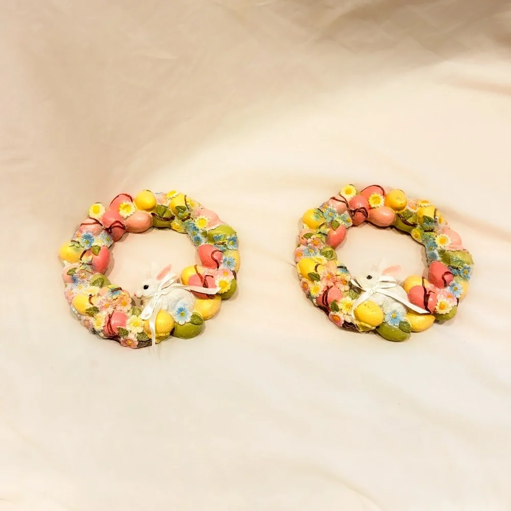 Vintage Easter Wreath Wall Decor Pair Bunny Egg Wreaths